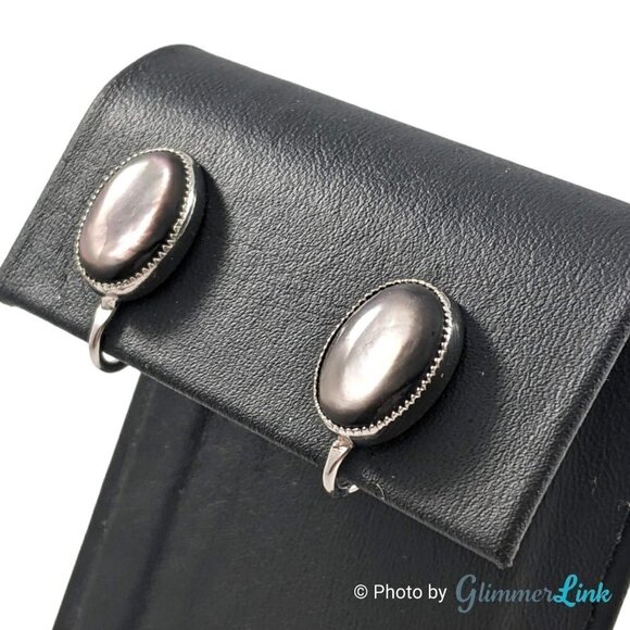 Vintage 12K White Gold Filled Oval Black MOP Abalone Shell Cabochon Screw Back E - Picture 3 of 9